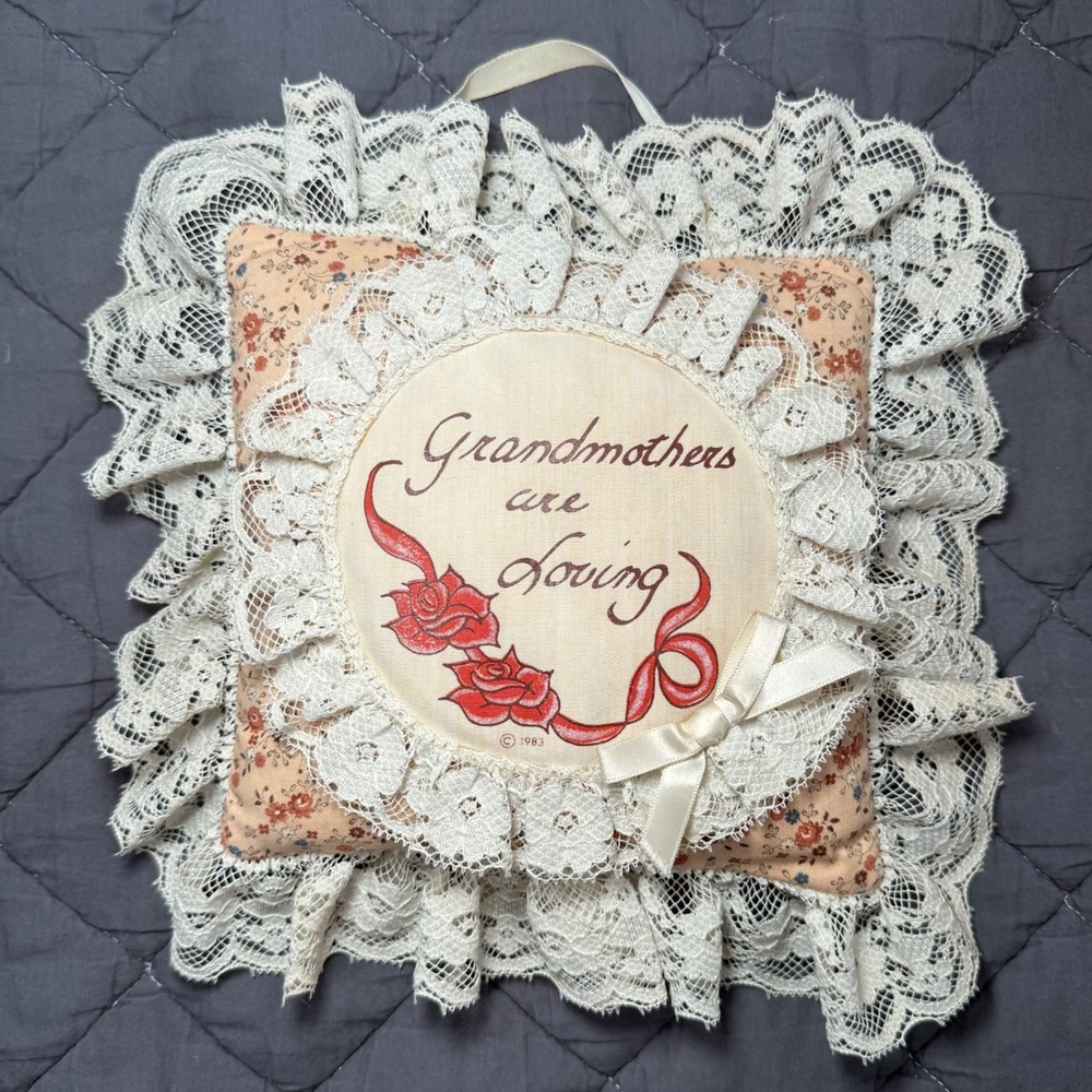 Vintage 1983 Lace Trim Grandma Quote Pillow Cottagecore Wall Decor Shabby Chic